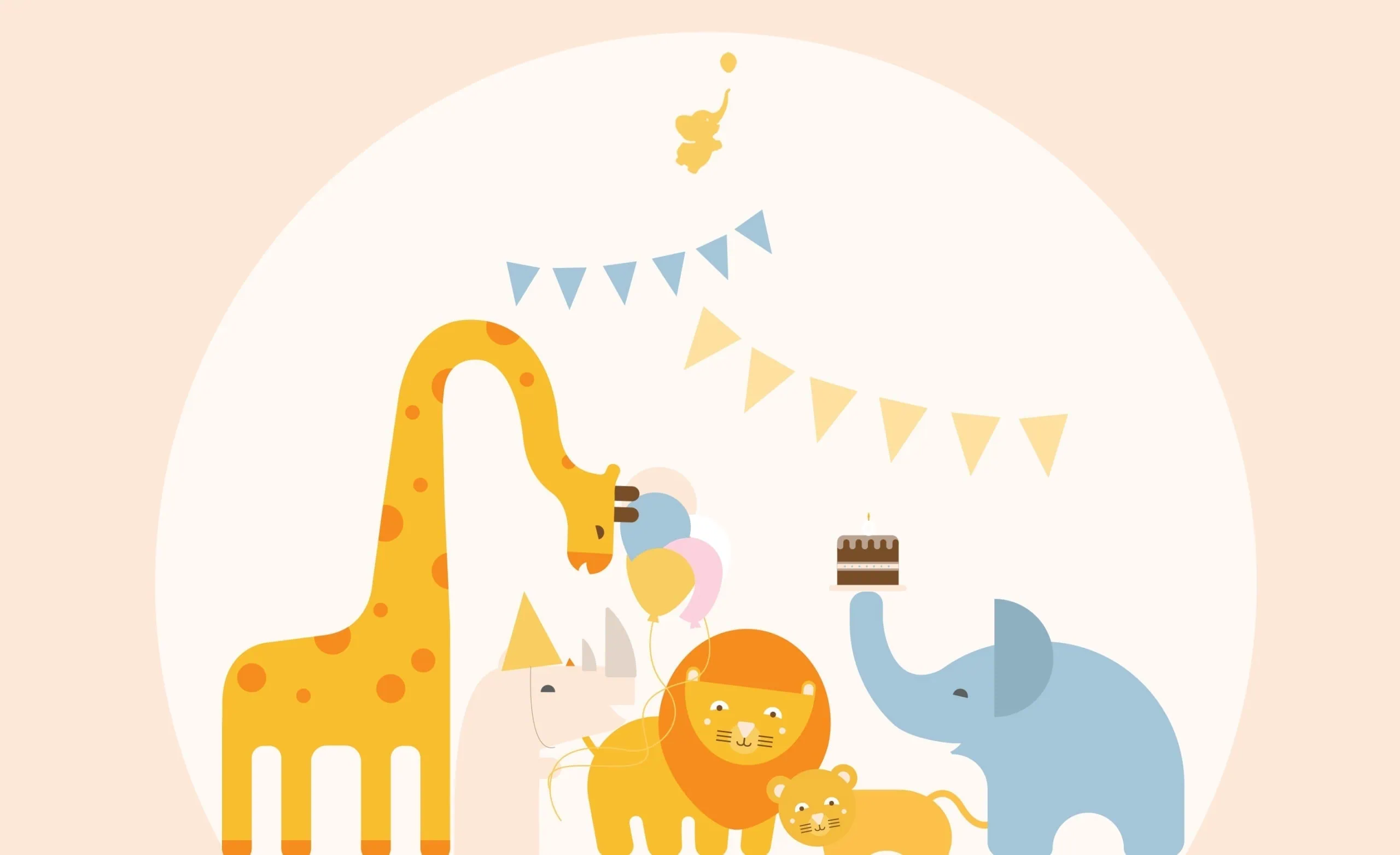 WebBabyShower header image giraffe hippo lion elephant with party flags