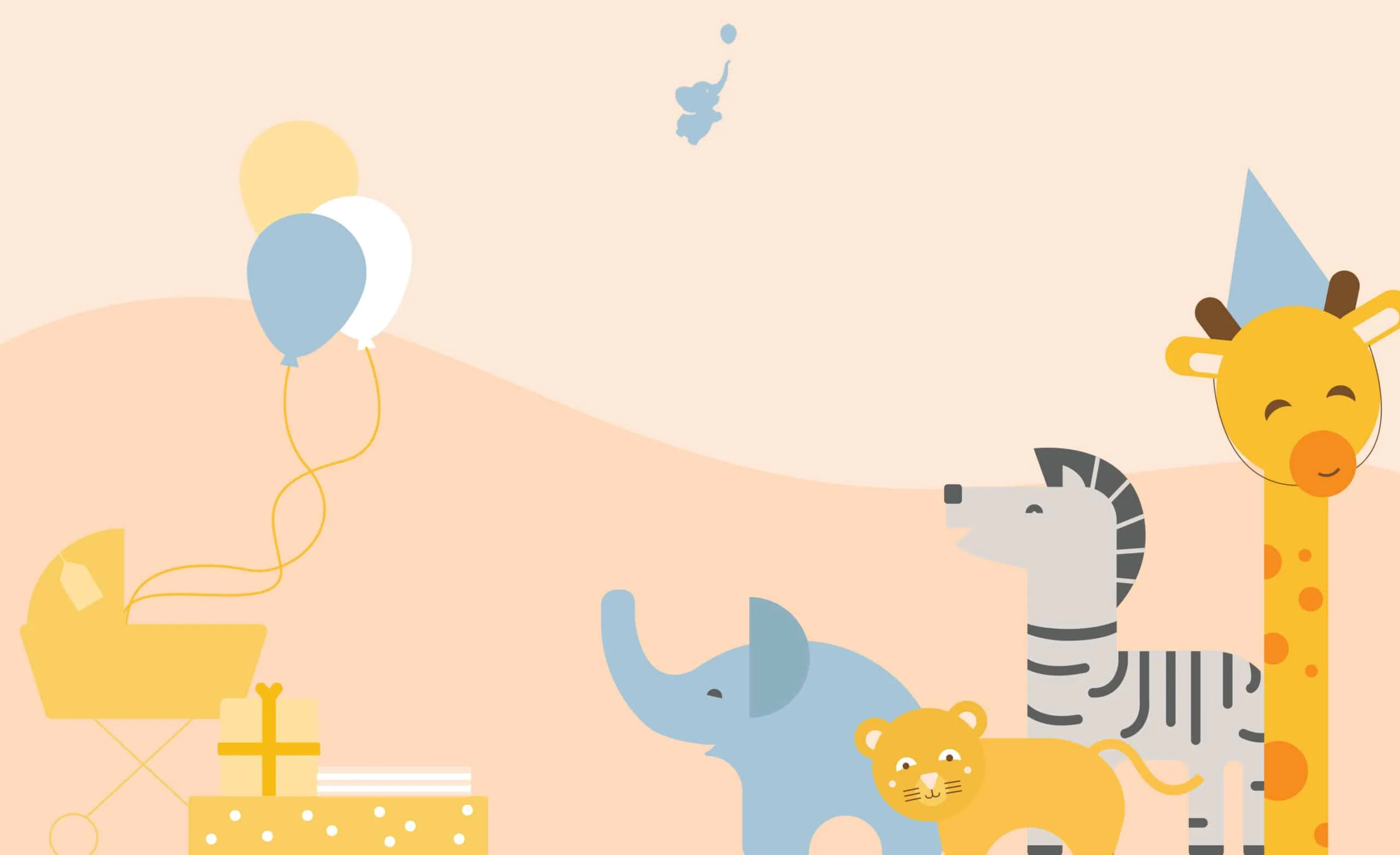 webbabyshower header image balloons giraffe zebra lion elephant gift stroller