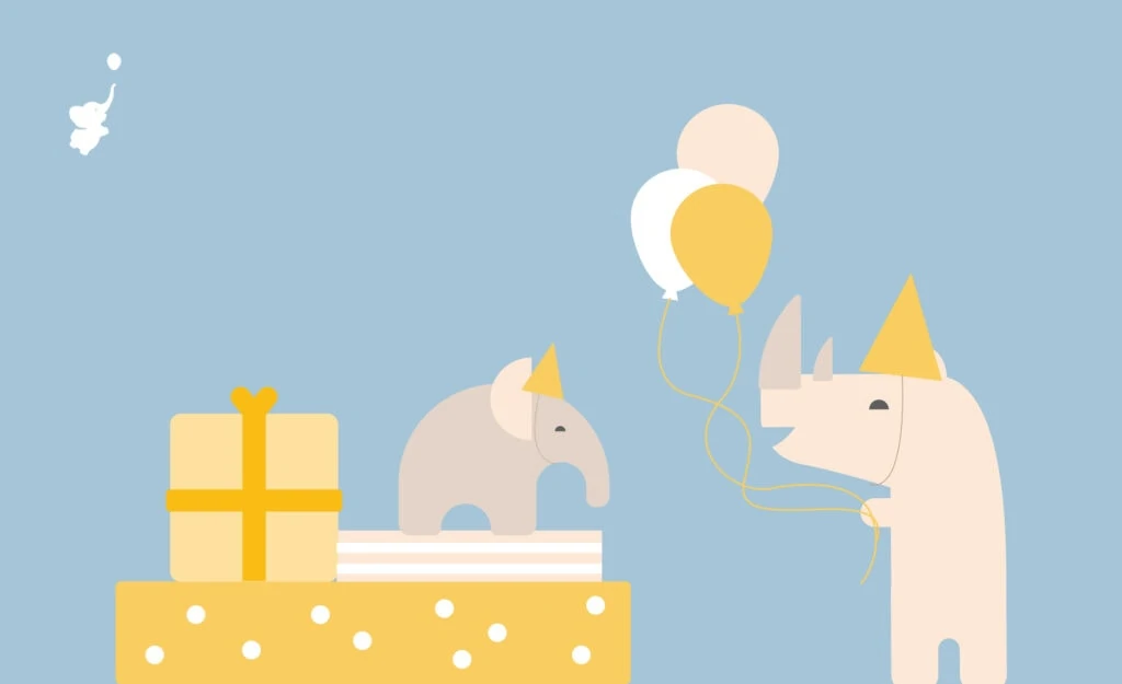 webbabyshower header image elephant on the gift with rhino and balloons