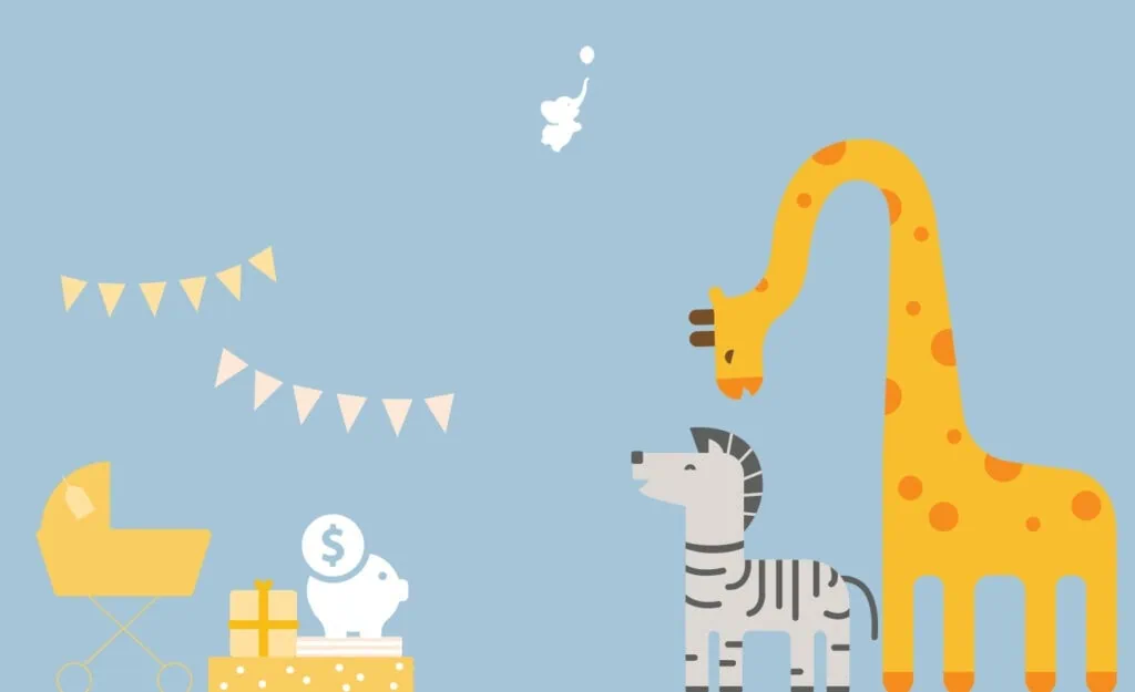 webbabyshower header image giraffe and zebra with piggy bank
