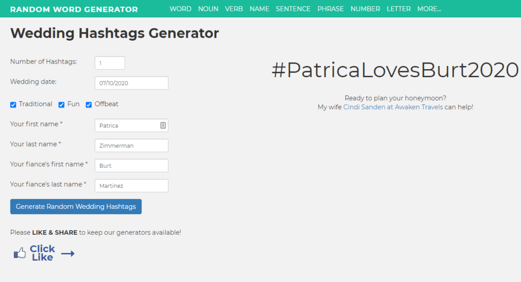 webbabyshower hashtag generator website