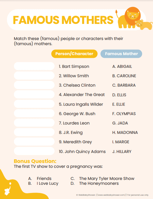 webbabyshower printable baby shower games famous mothers