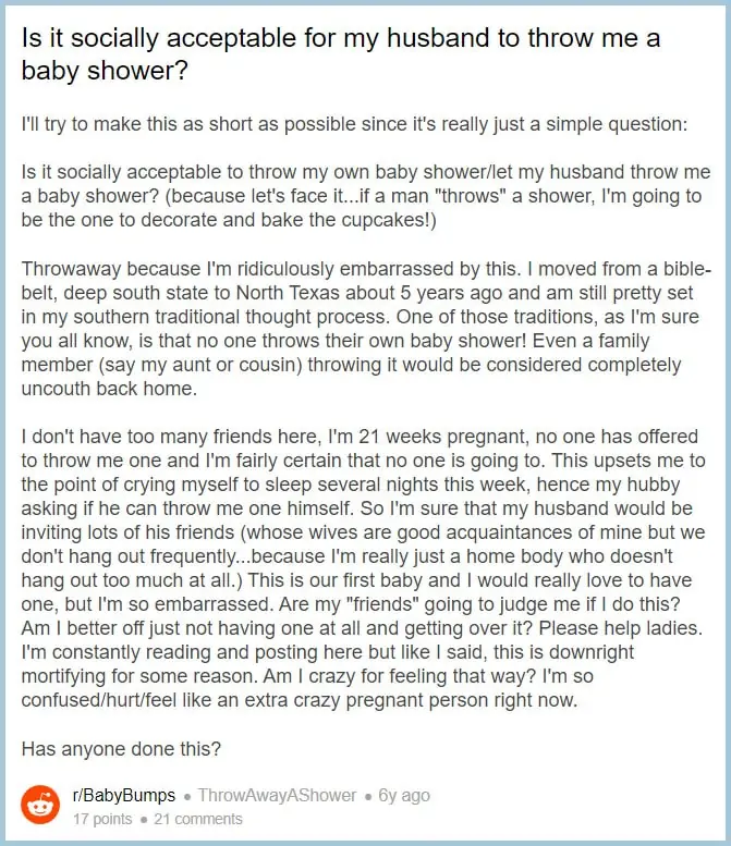 reddit forum husband throws a baby shower