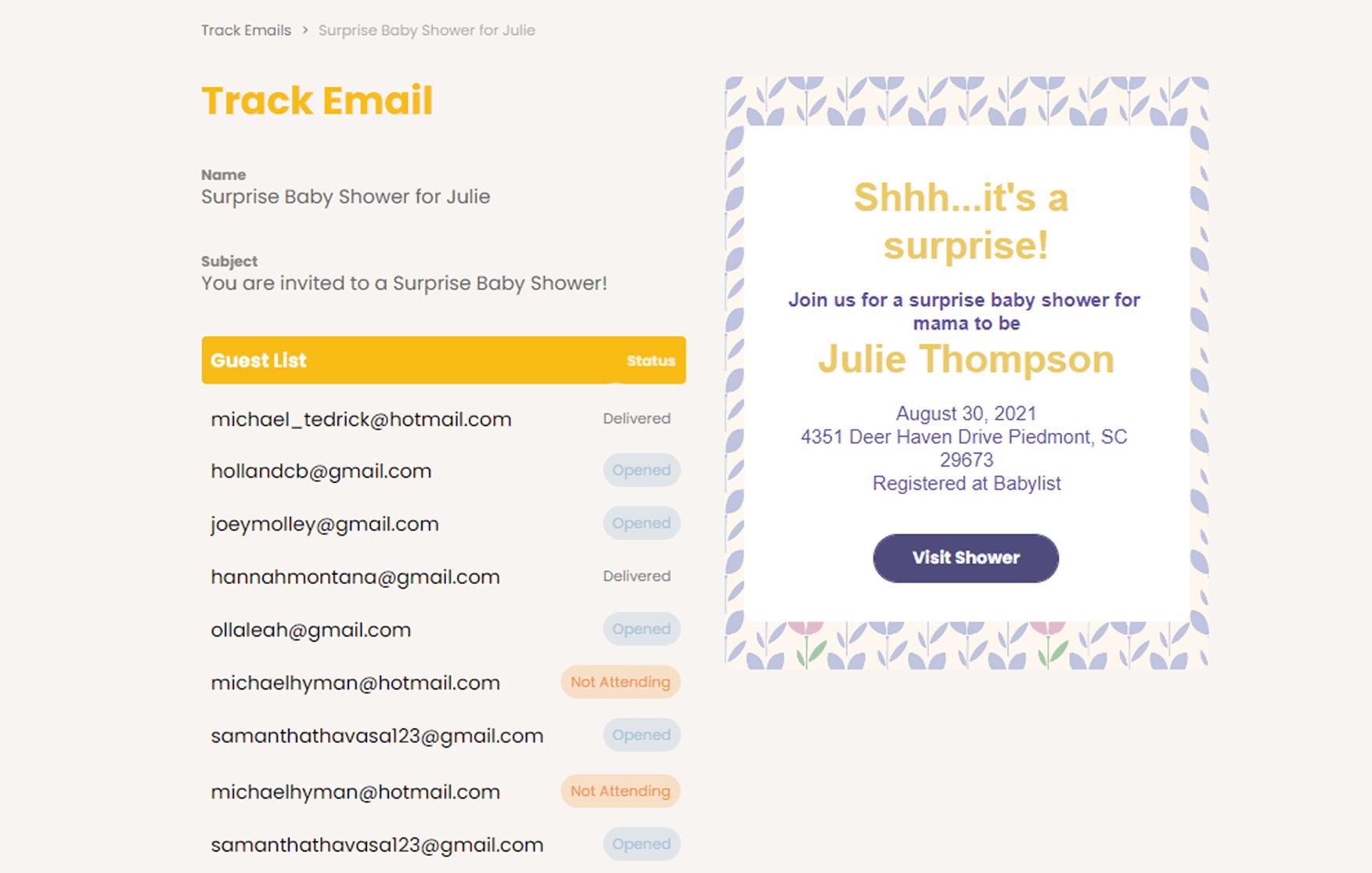 webbabyshower email invite tracker