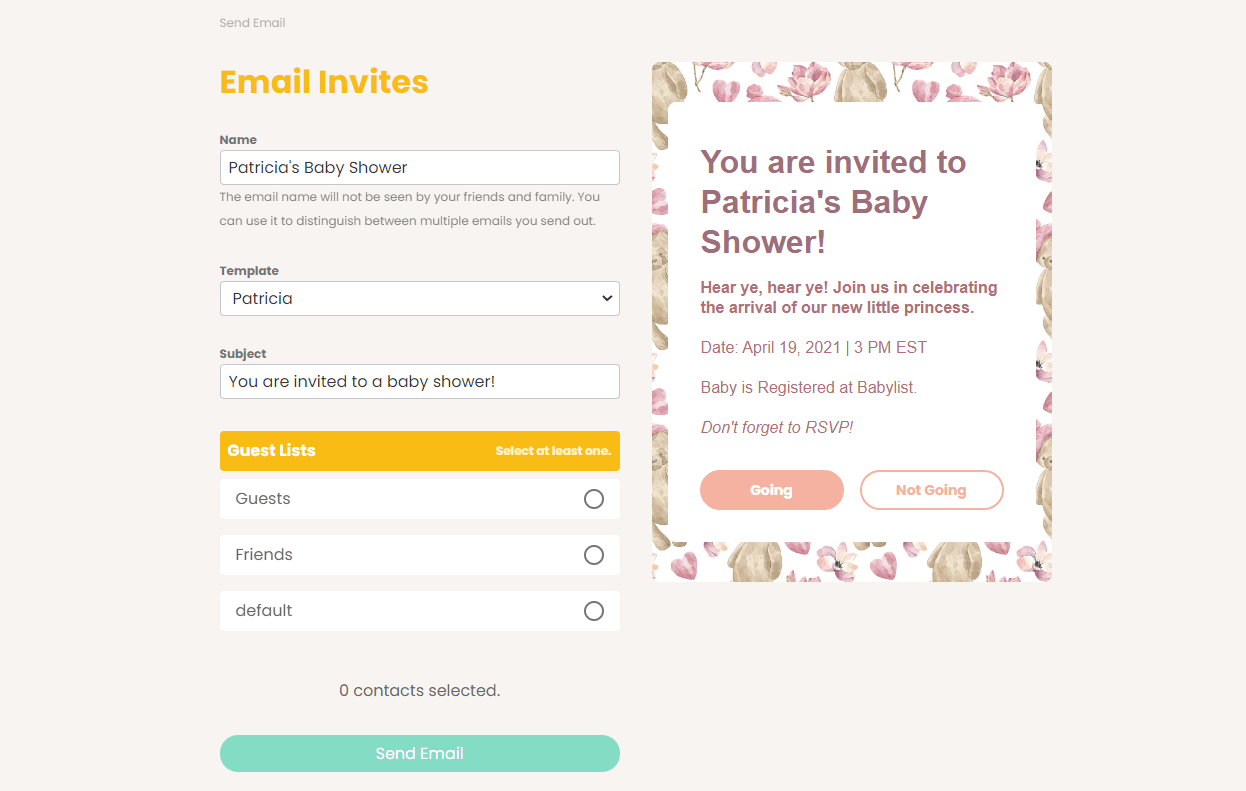 webbabyshower sending email invites
