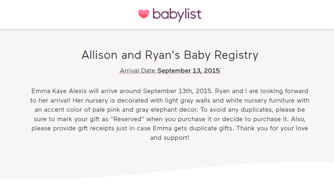 baby registry welcome message