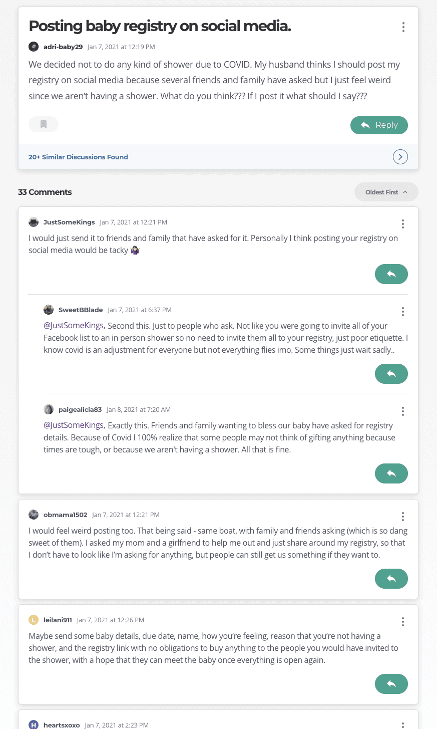 webbabyshower posting baby registry on social media community forum