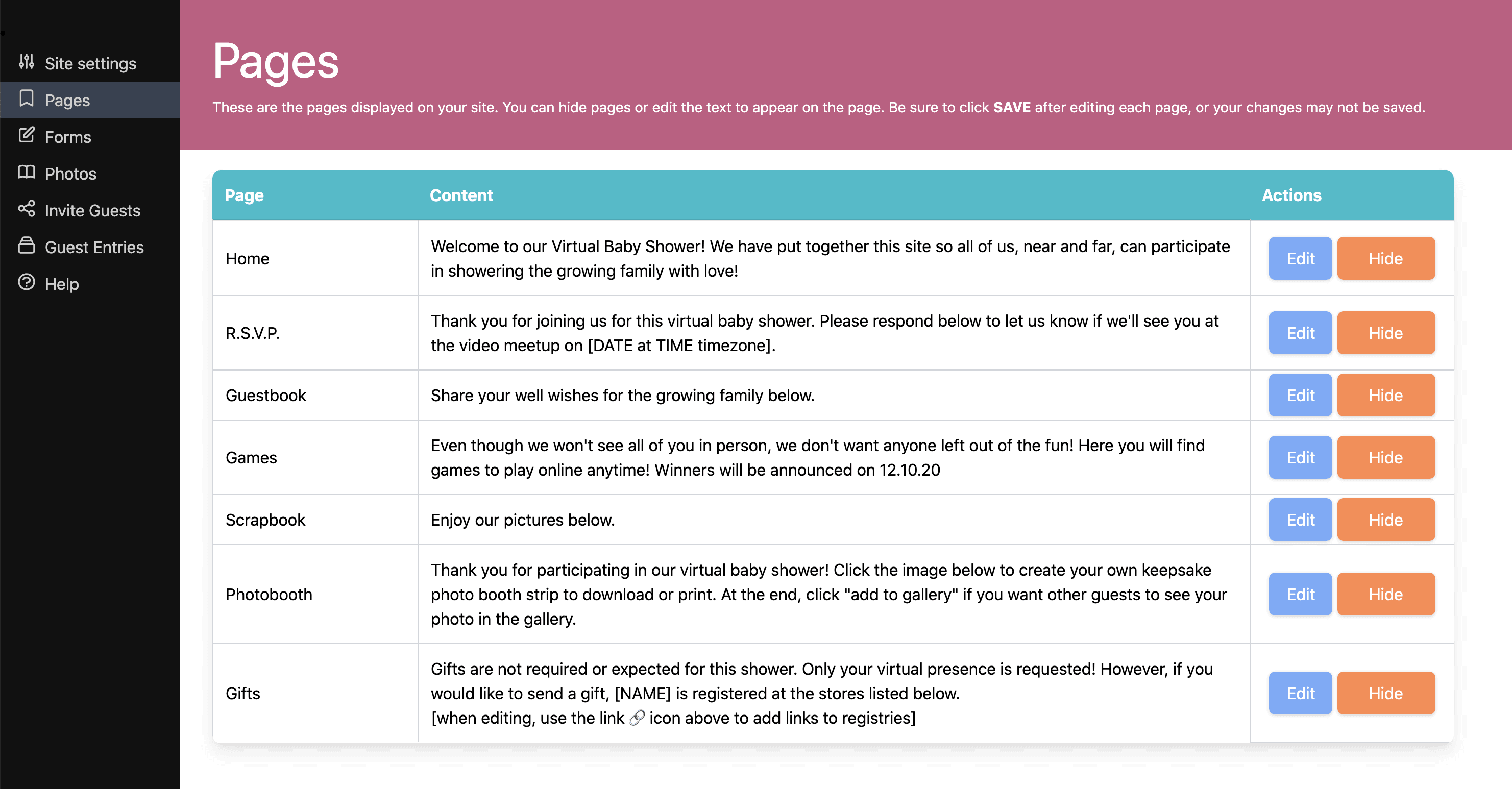 web party time shower
