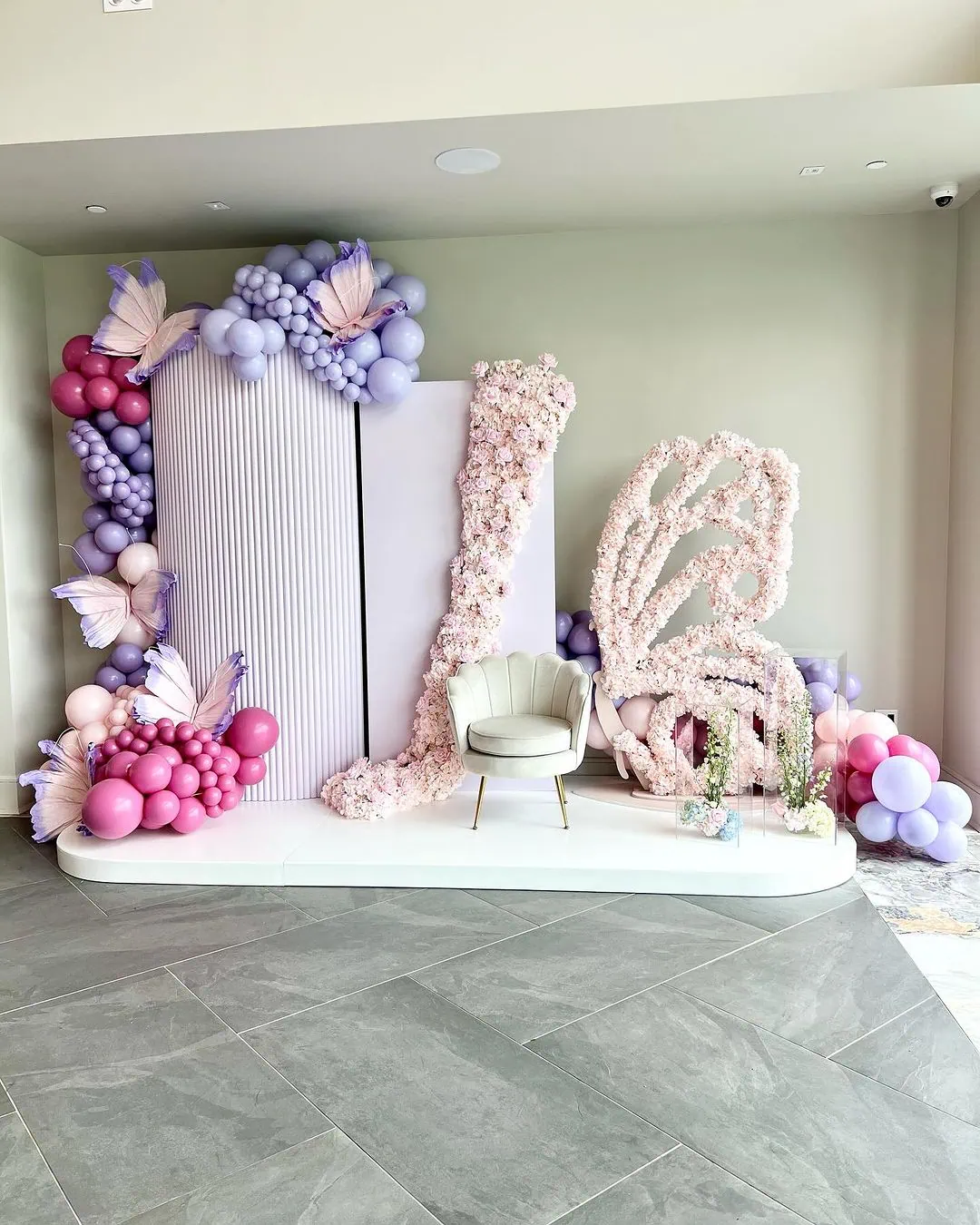 a picture of a butterfly baby shower organized by whimsigalballoons in new jersery