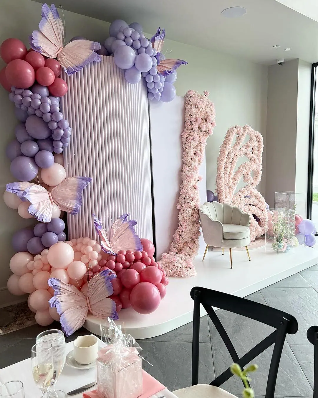 a picture of a butterfly baby shower organized by whimsigalballoons in new jersery