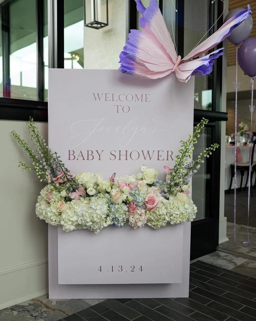 a picture of a butterfly baby shower organized by whimsigalballoons in new jersery