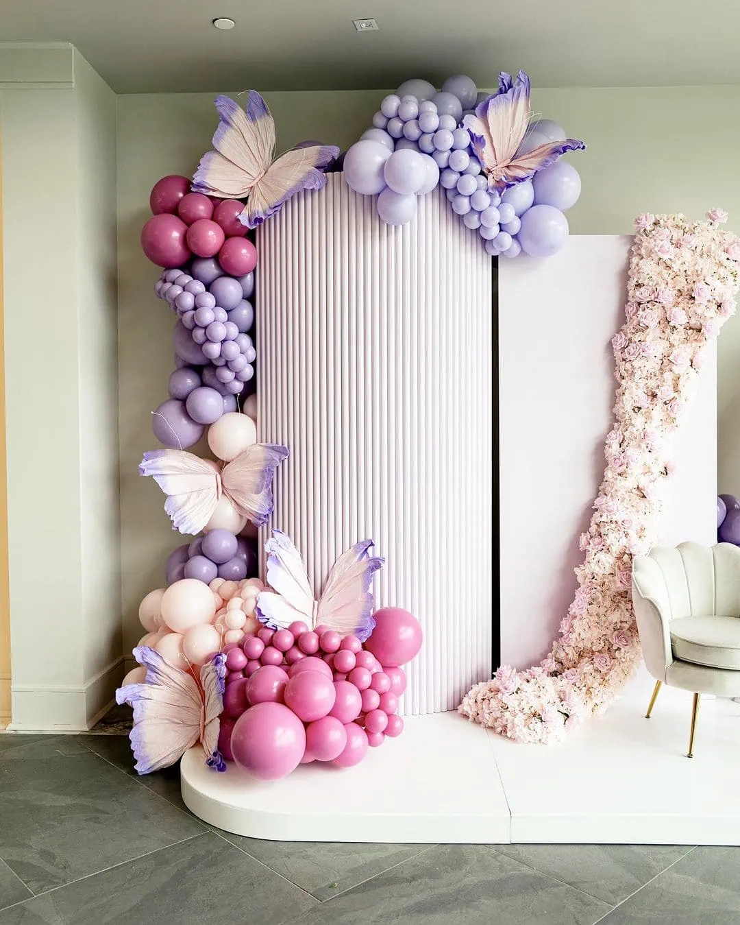 a picture of a butterfly baby shower organized by whimsigalballoons in new jersery