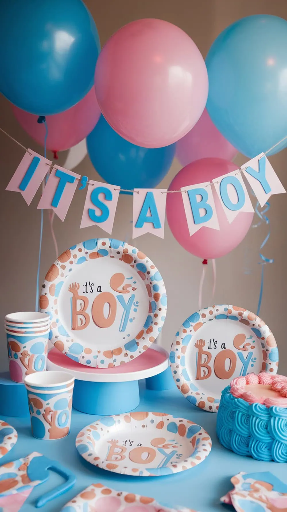 Themed tableware for a gender reveal party featuring blue and pink decorations.