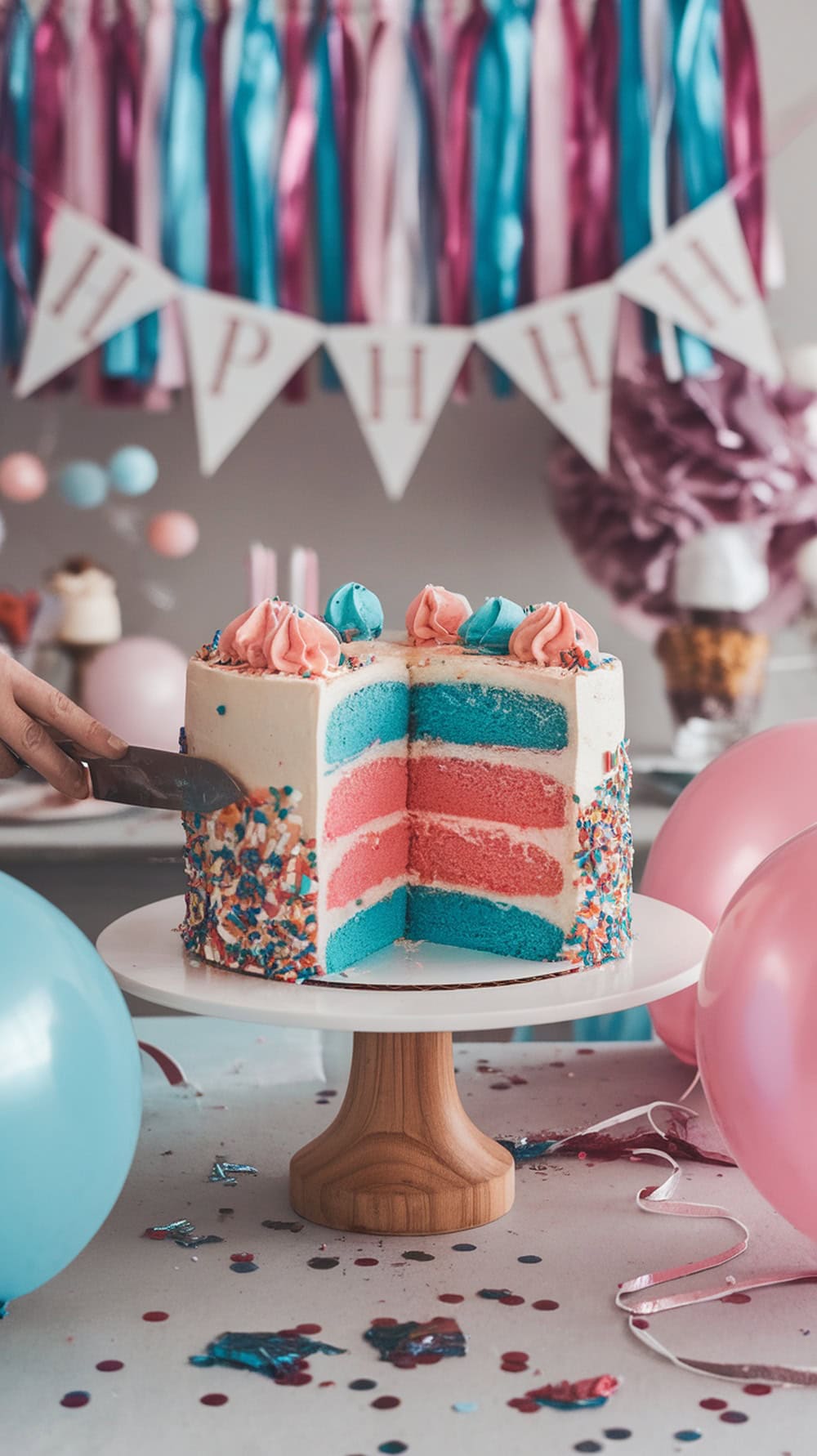 A colorful gender reveal cake with pink and blue layers, decorated with sprinkles and frosting.