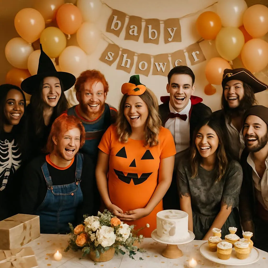 A group of friends in Halloween costumes celebrating a baby shower with a pumpkin-themed decoration.