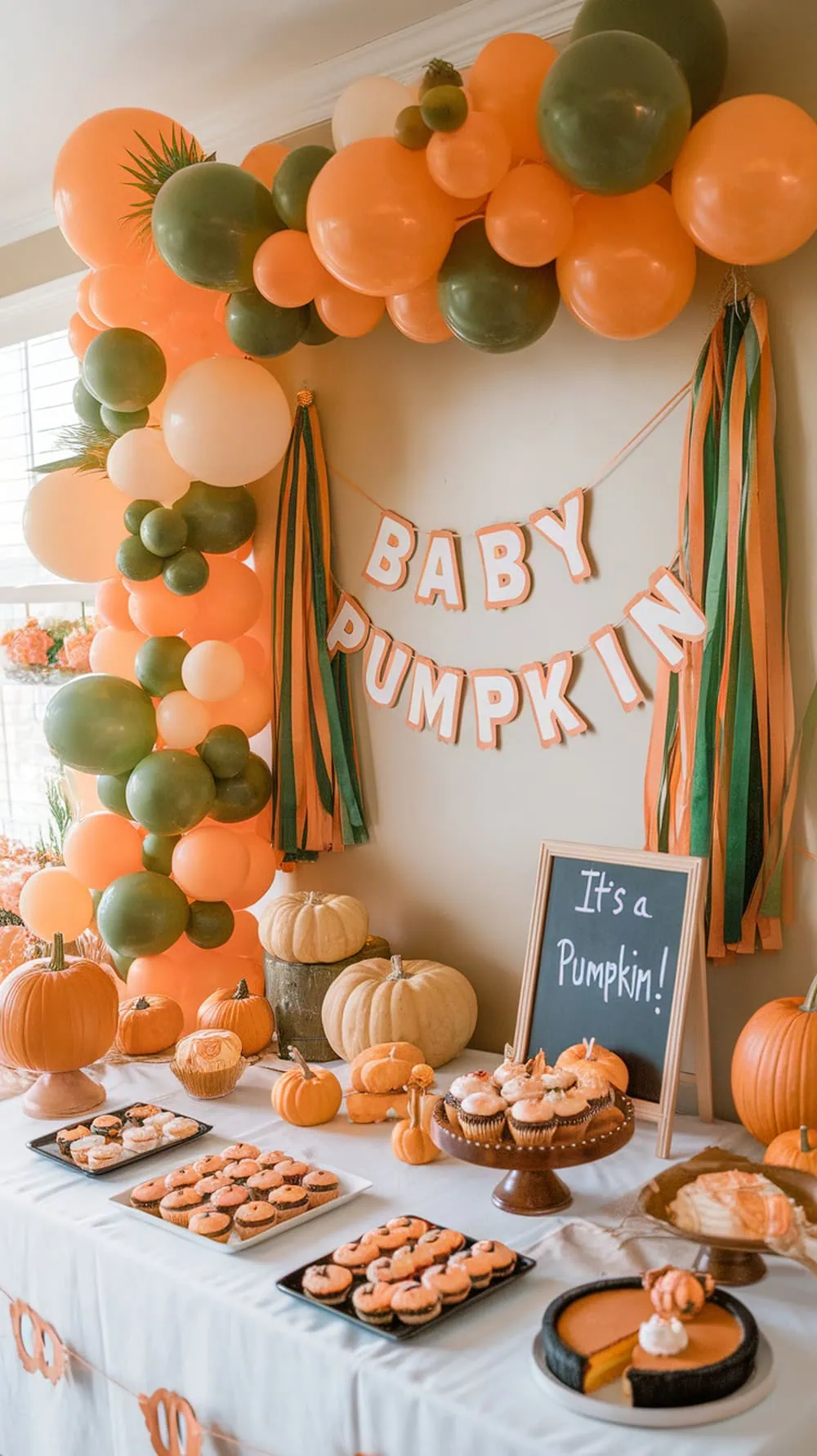 A beautifully decorated baby shower table with a pumpkin theme, featuring balloons, a 'Baby Pumpkin' banner, and various pumpkin-themed treats.