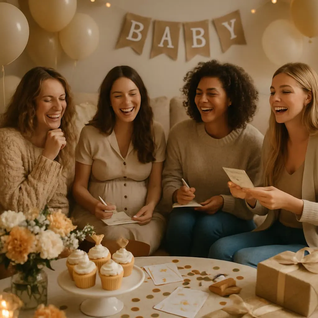 A cozy baby shower scene with women in knit sweaters, cupcakes, and a 'BABY' banner.