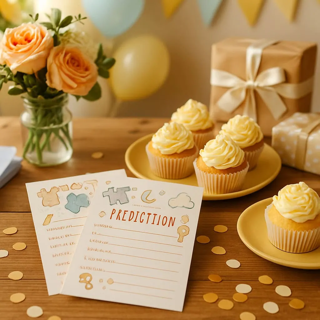 A table with baby prediction and advice cards, cupcakes, flowers, and decorations for a baby shower.