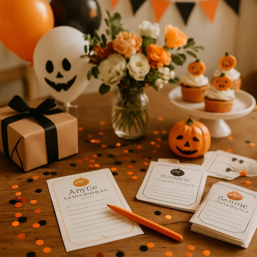 A Halloween-themed baby shower table with prediction and advice cards, cupcakes, a jack-o'-lantern, and festive decorations.