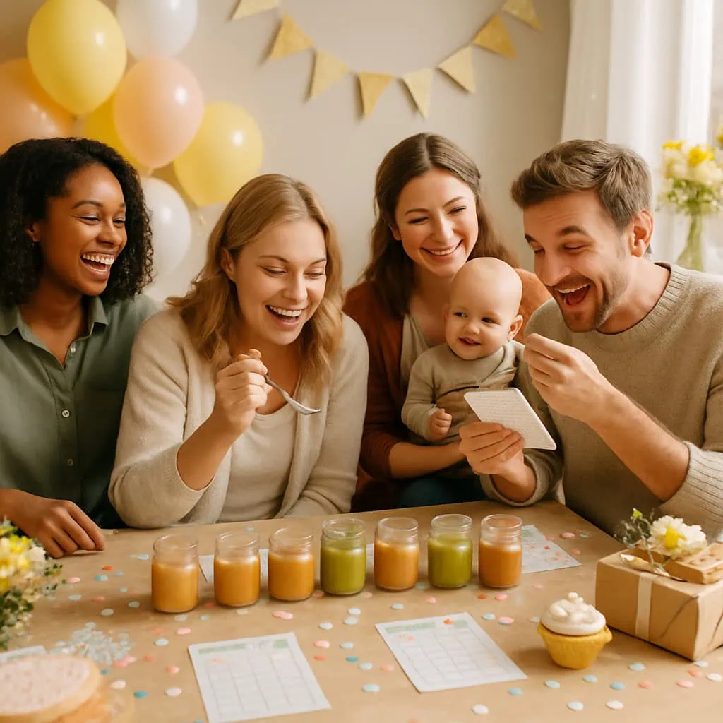 A group of friends enjoying a baby shower game, tasting different baby food flavors with jars on the table.