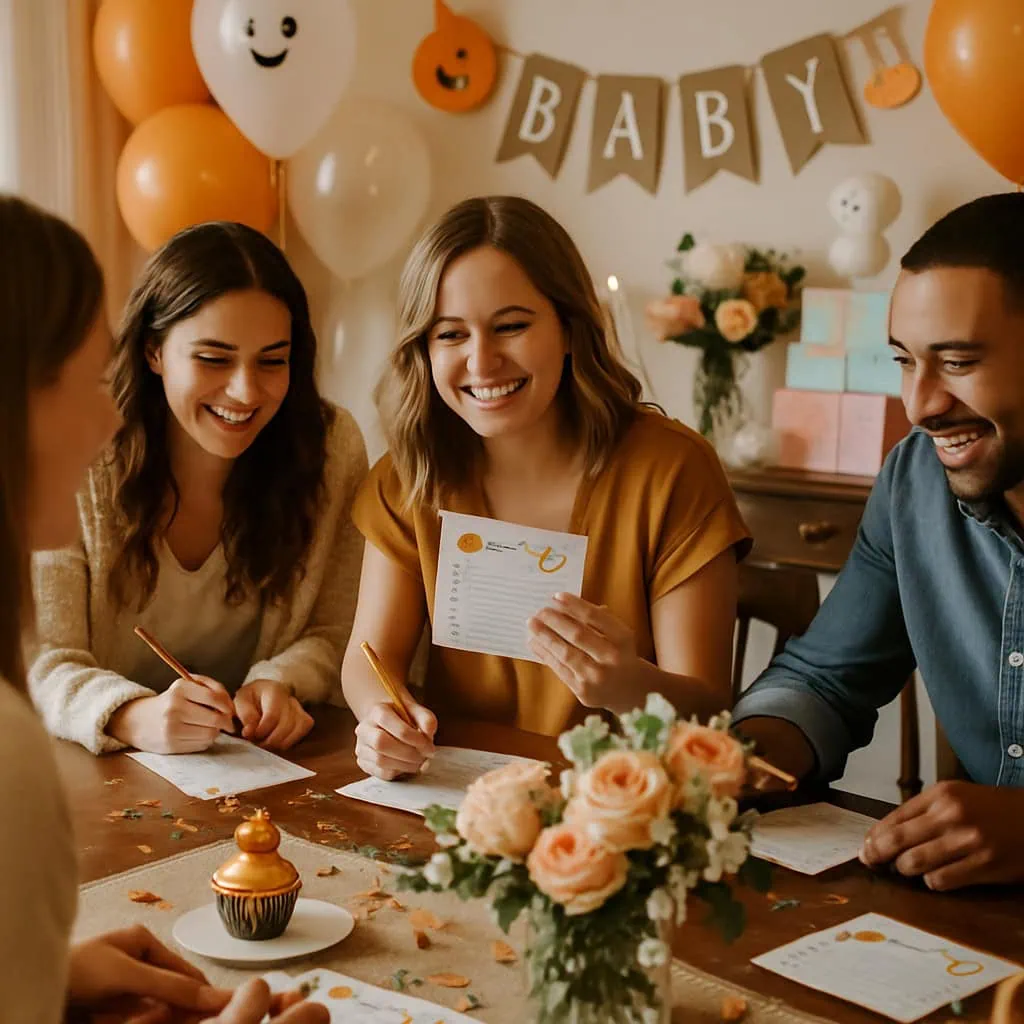 A group of friends enjoying Halloween trivia at a baby shower, surrounded by festive decorations and a floral centerpiece.