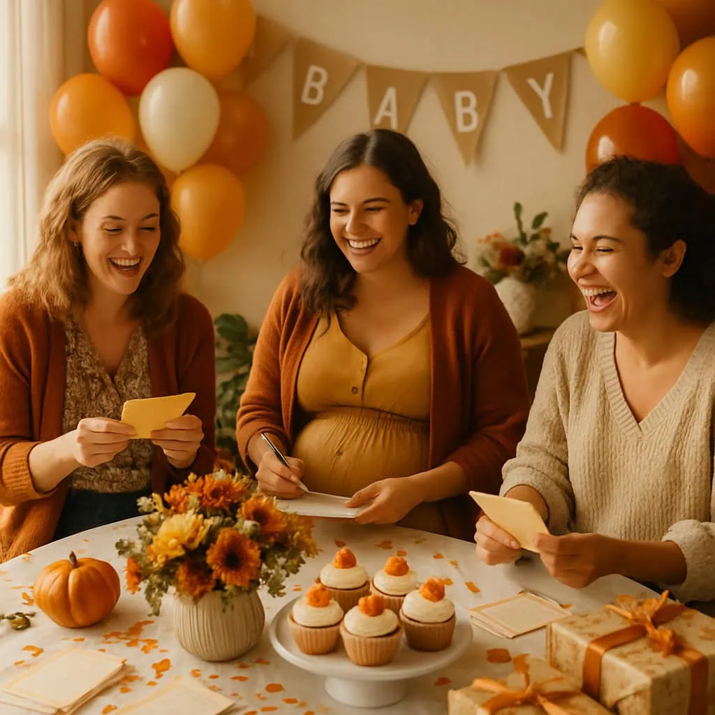 Friends celebrating a baby shower with cupcakes, flowers, and a 'BABY' banner in a cozy setting.