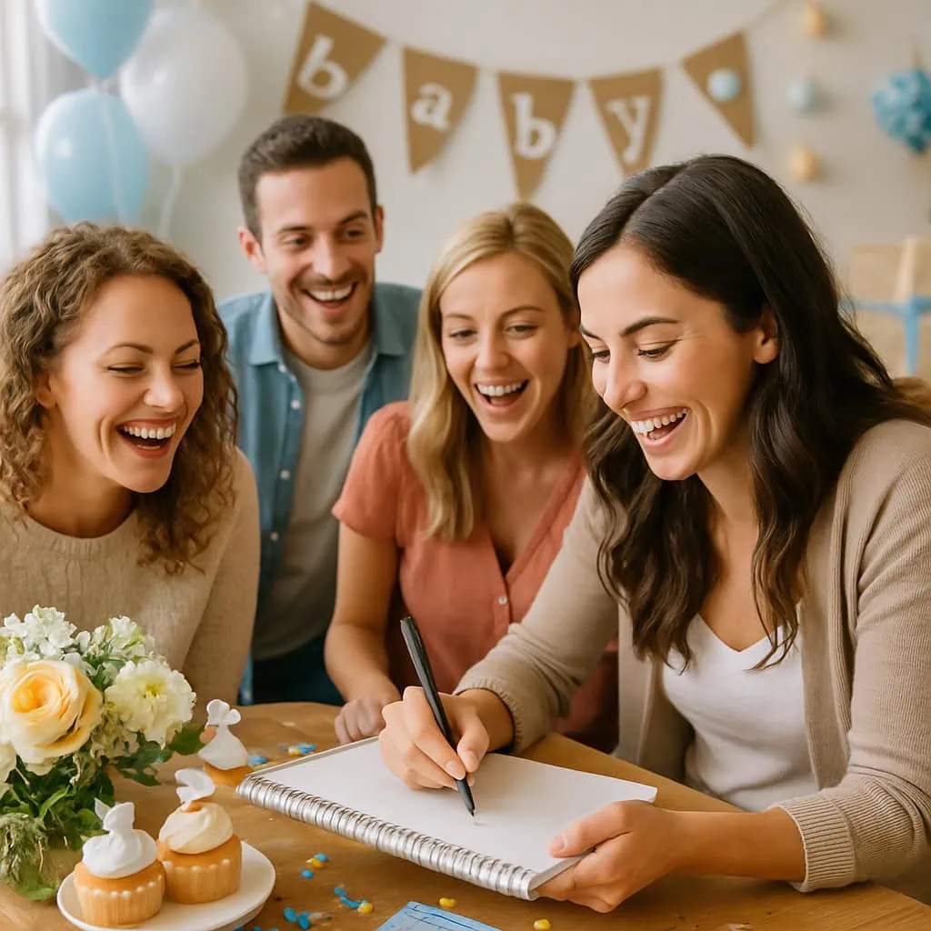 Group of friends enjoying a baby shower game, laughing and writing names.