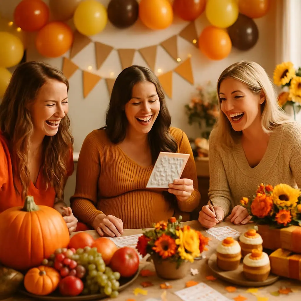 Three women laughing at a harvest festival themed baby shower with pumpkins, fruits, and colorful decorations.