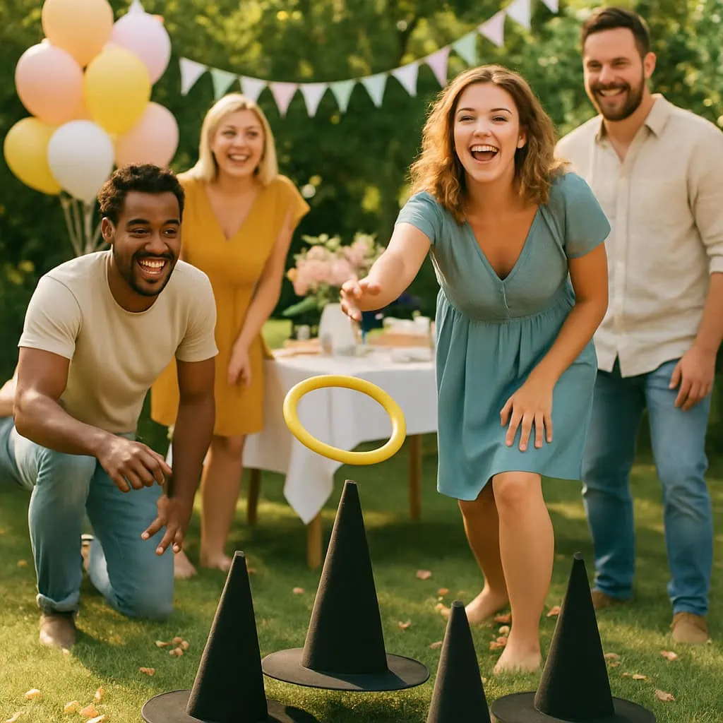 Group of friends playing Witch Hat Ring Toss game at a Halloween baby shower.