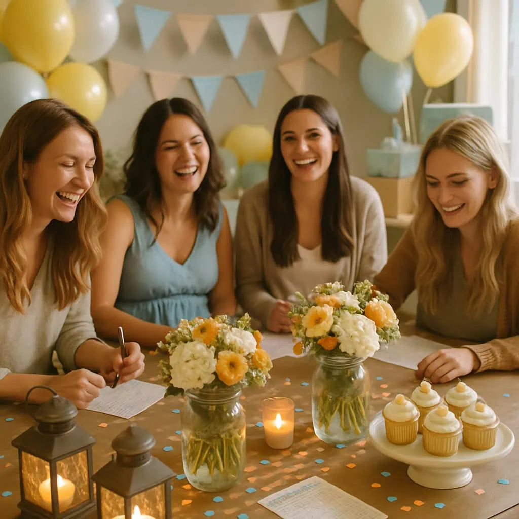 A group of friends at a baby shower, surrounded by mason jars with flowers, lanterns, cupcakes, and colorful confetti.