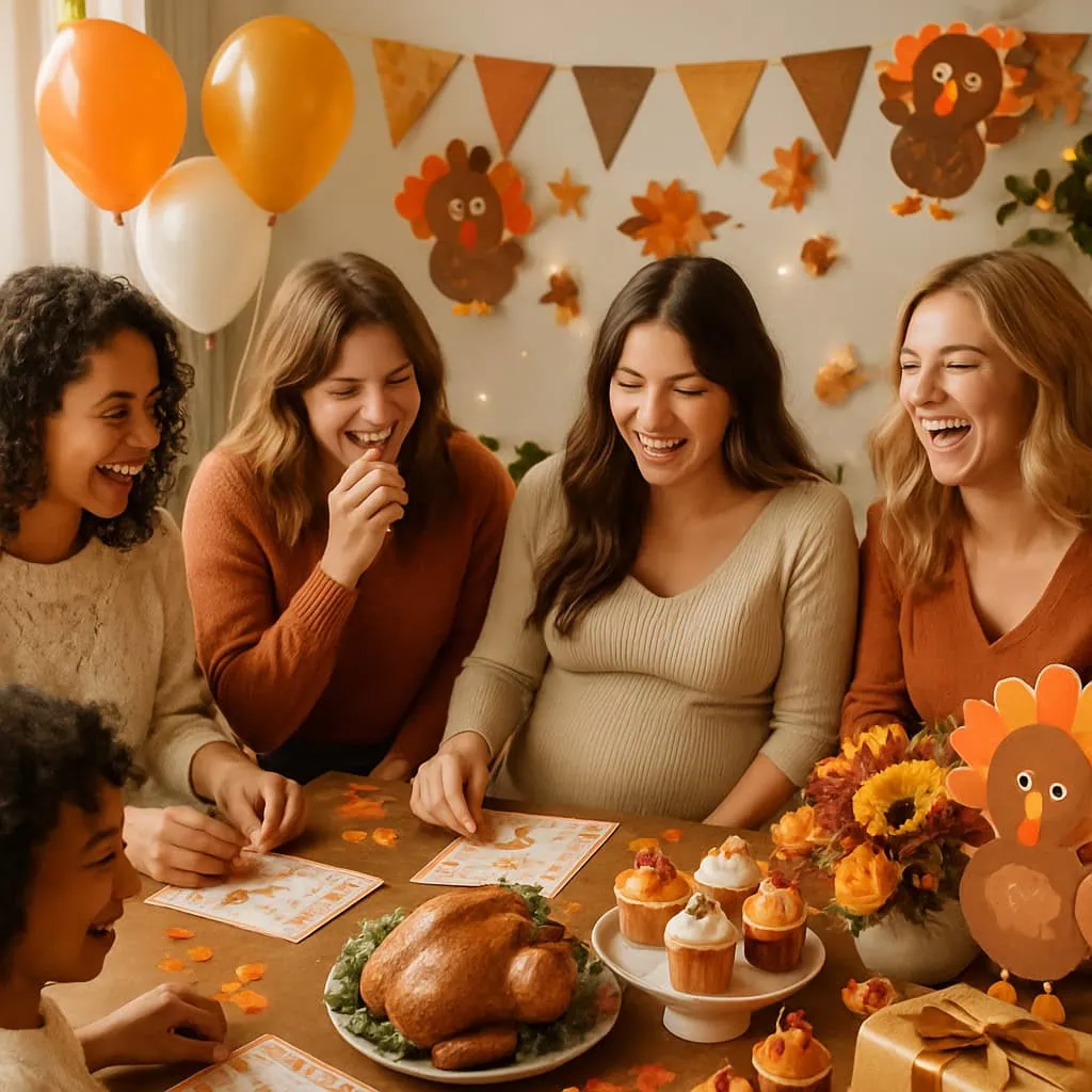 A joyful Thanksgiving-themed baby shower with friends, featuring a turkey centerpiece, cupcakes, and festive decorations.
