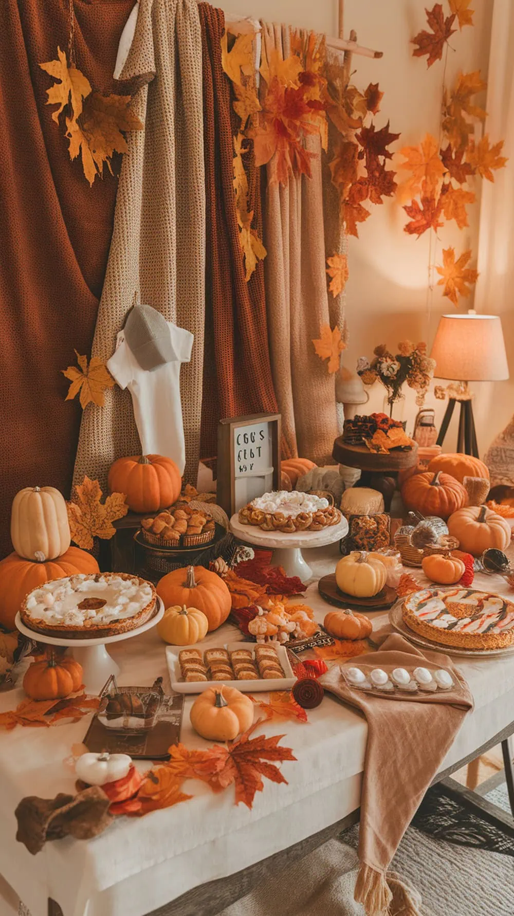 A beautifully decorated table for an autumn harvest baby shower, featuring pumpkins, pies, and autumn leaves.