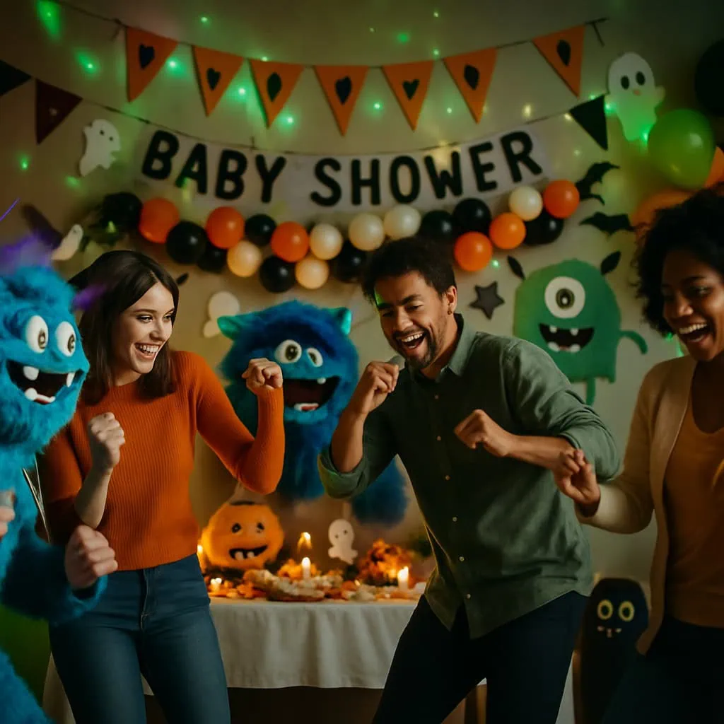 Guests dancing at a Halloween baby shower with colorful decorations and playful monster cutouts.