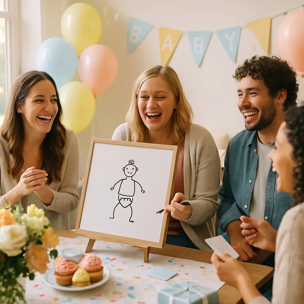 A group of friends laughing and playing Baby Shower Pictionary, with a drawing of a baby on an easel.