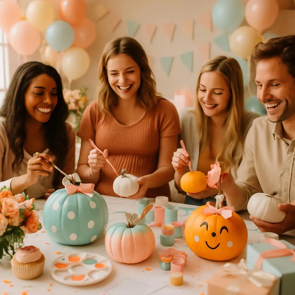 A group of friends decorating pumpkins at a Halloween baby shower