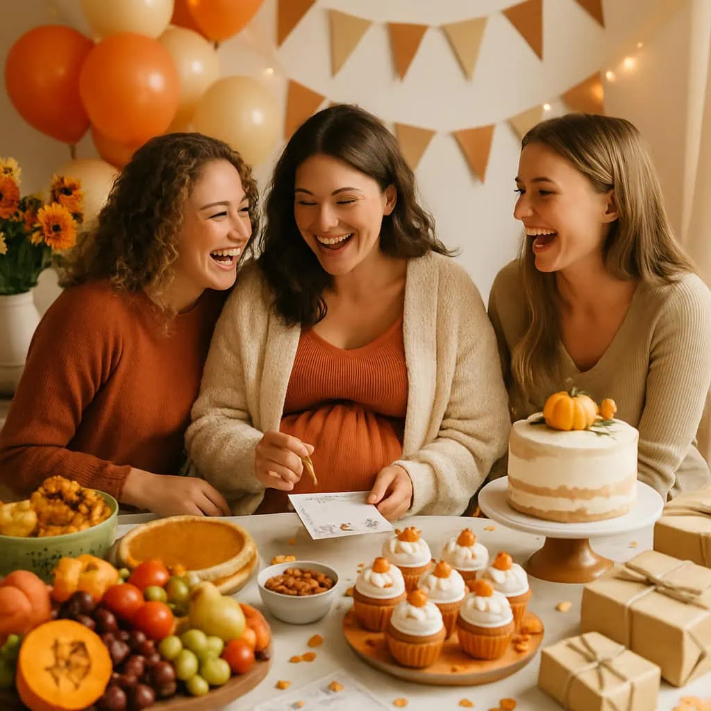 A fall baby shower table with friends laughing, decorated with seasonal foods and warm colors.