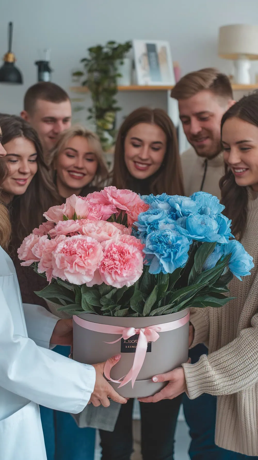 A group of friends joyfully revealing a flower bouquet with pink and blue flowers for a gender reveal.