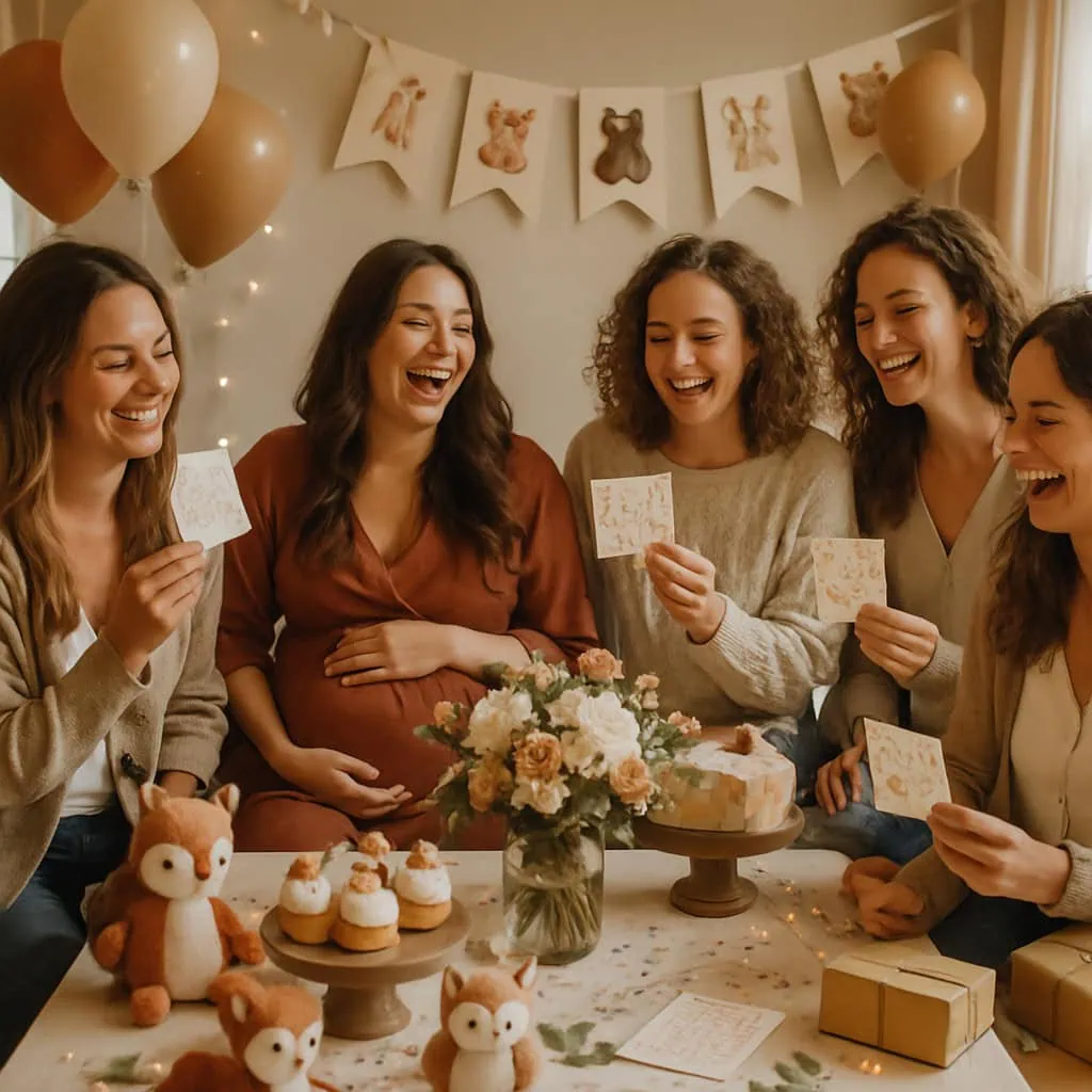 A cozy woodland creatures baby shower gathering with friends, featuring plush animals, treats, and decorations.