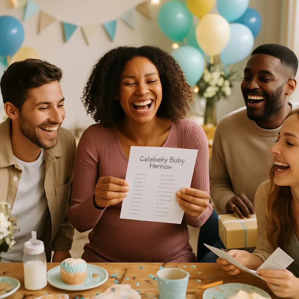 Group of friends enjoying the Celebrity Baby Name Game at a baby shower.