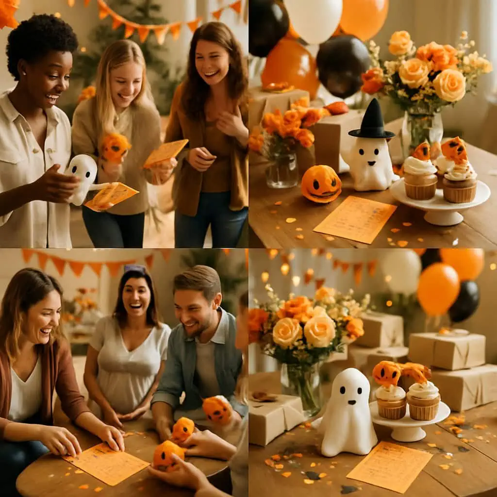 Friends enjoying a Halloween baby shower with decorations, cupcakes, and scavenger hunt lists.