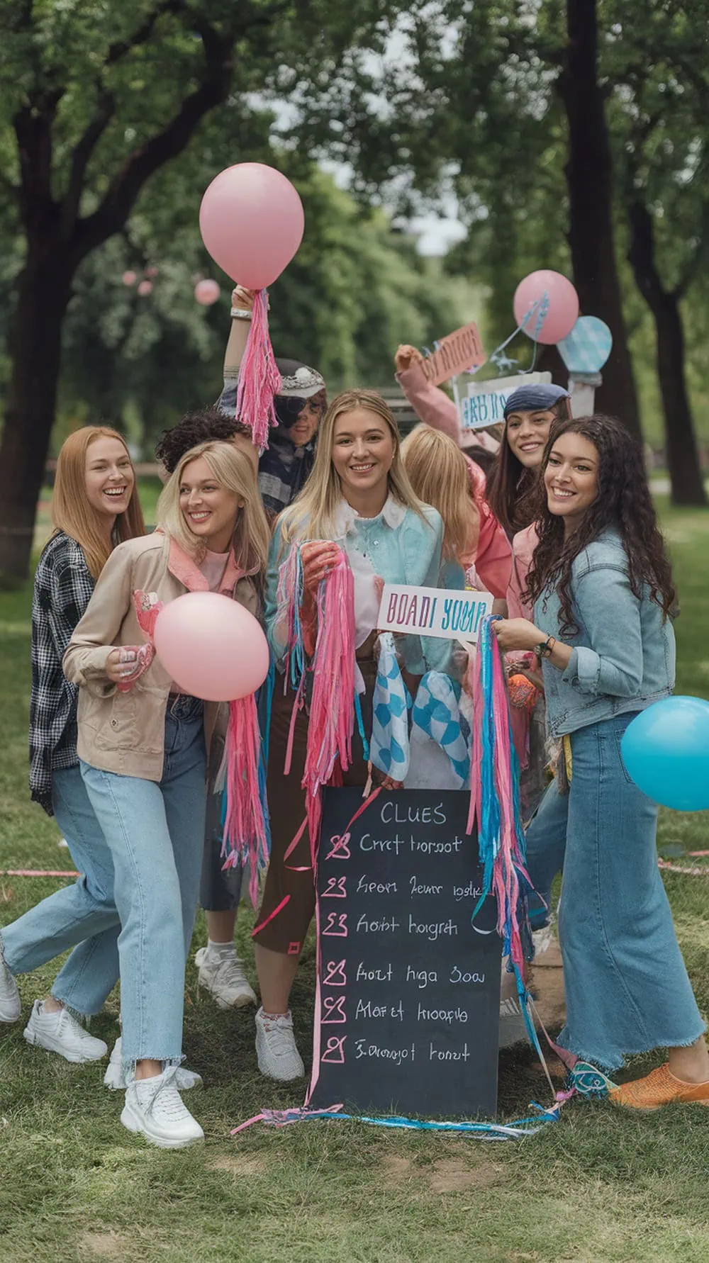 Group of friends celebrating a gender reveal scavenger hunt with balloons and clues.