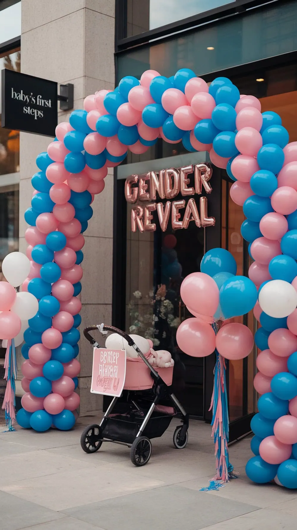 A vibrant balloon arch in blue and pink for a gender reveal party, with a stroller and festive decorations.