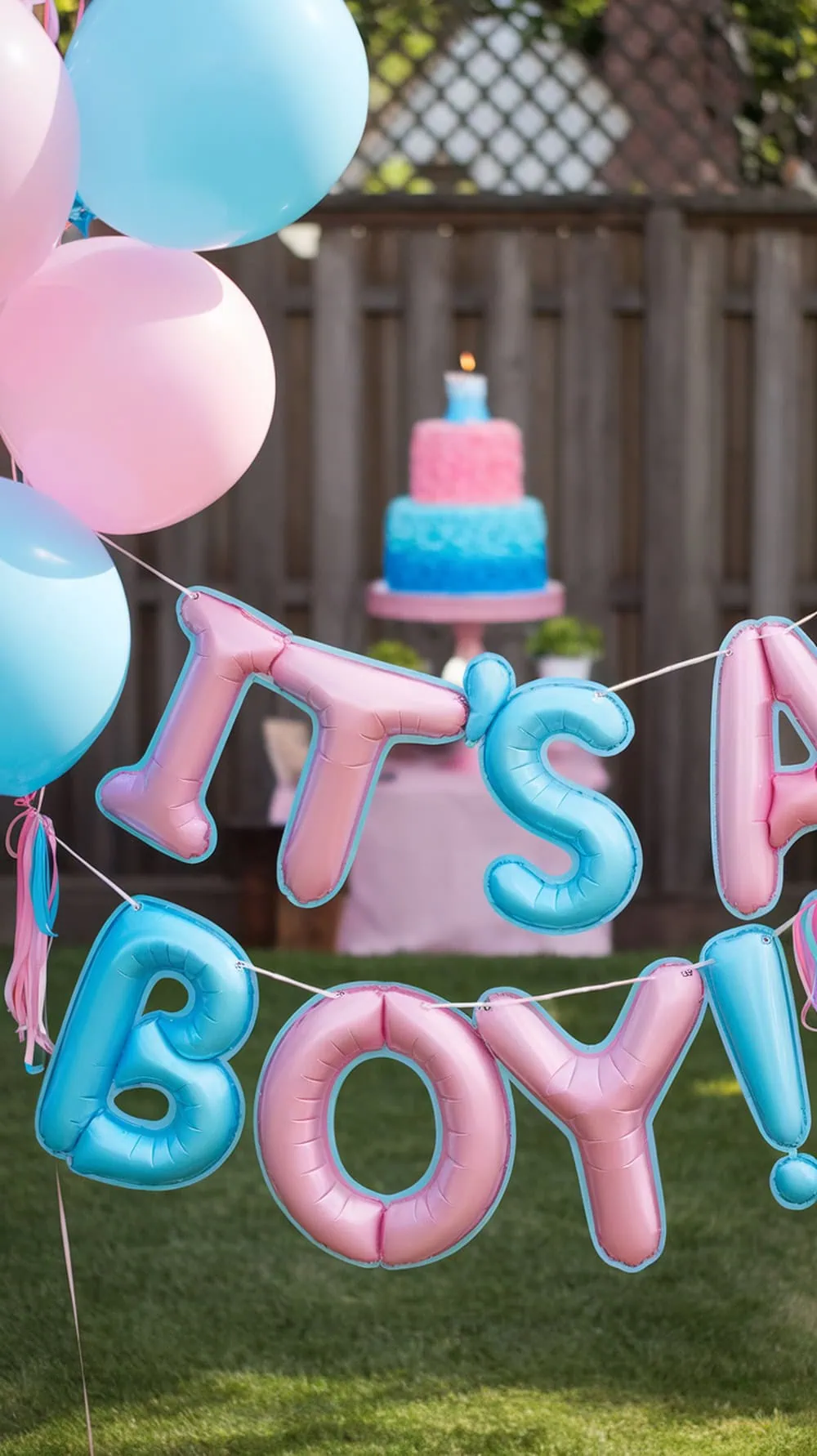 Customizable gender reveal banner with balloons and cake