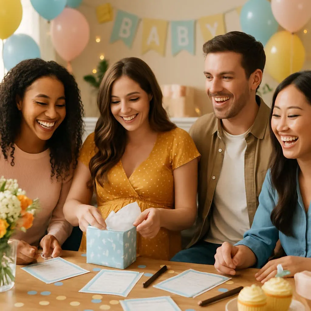 A group of friends at a baby shower, smiling and writing on baby predictions and advice cards, with gifts and cupcakes on the table.