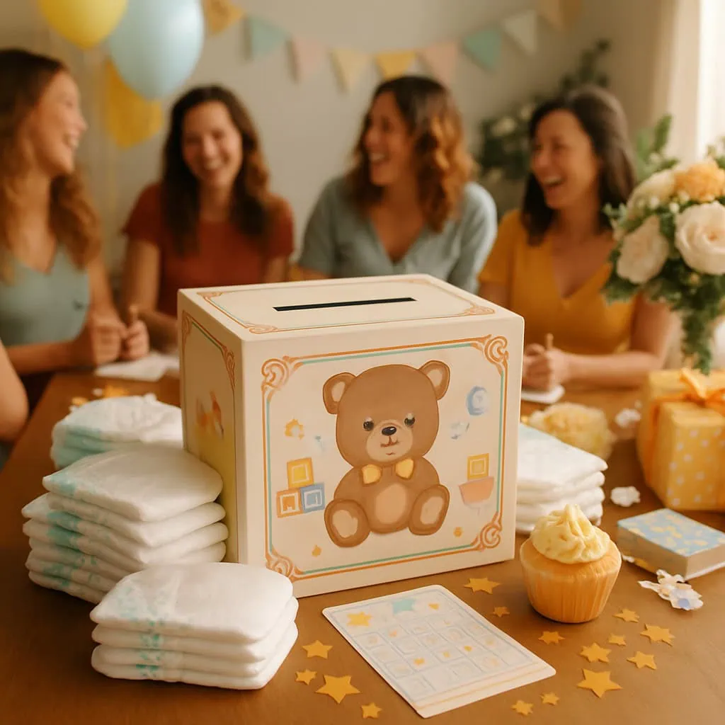 A cheerful baby shower scene with a bear-themed raffle box, diapers stacked nearby, and guests enjoying the event.
