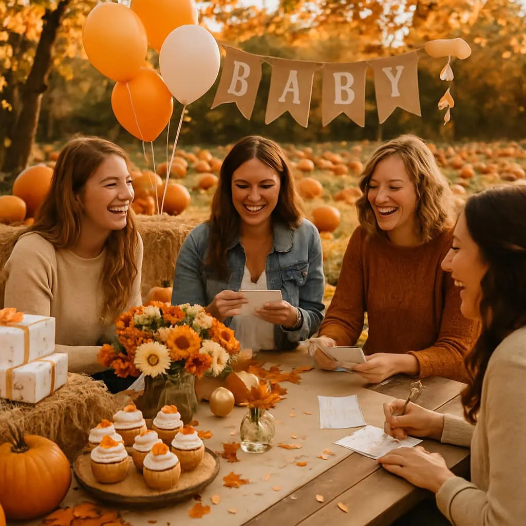 A group of friends celebrating a baby shower in a pumpkin patch, with decorations and treats.