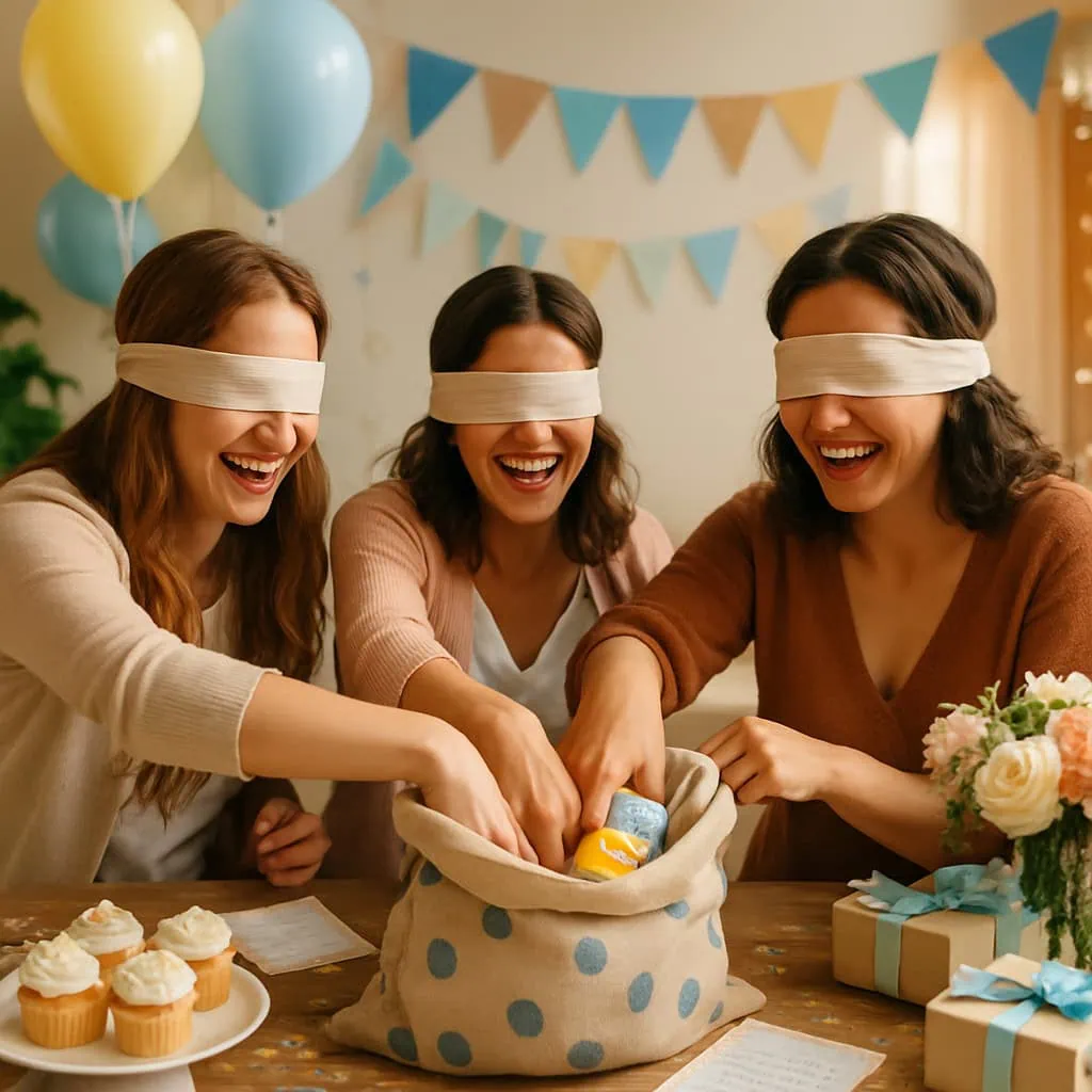 Three friends blindfolded, laughing and reaching into a bag filled with baby items at a baby shower.