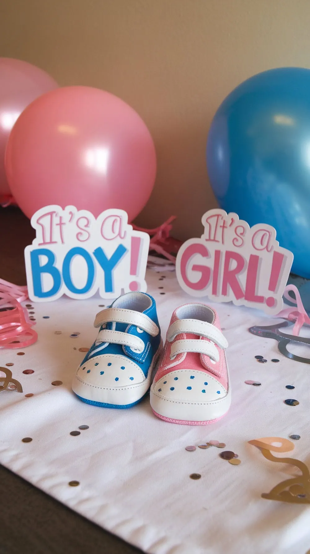 Painted baby shoes in blue and pink with gender reveal decorations