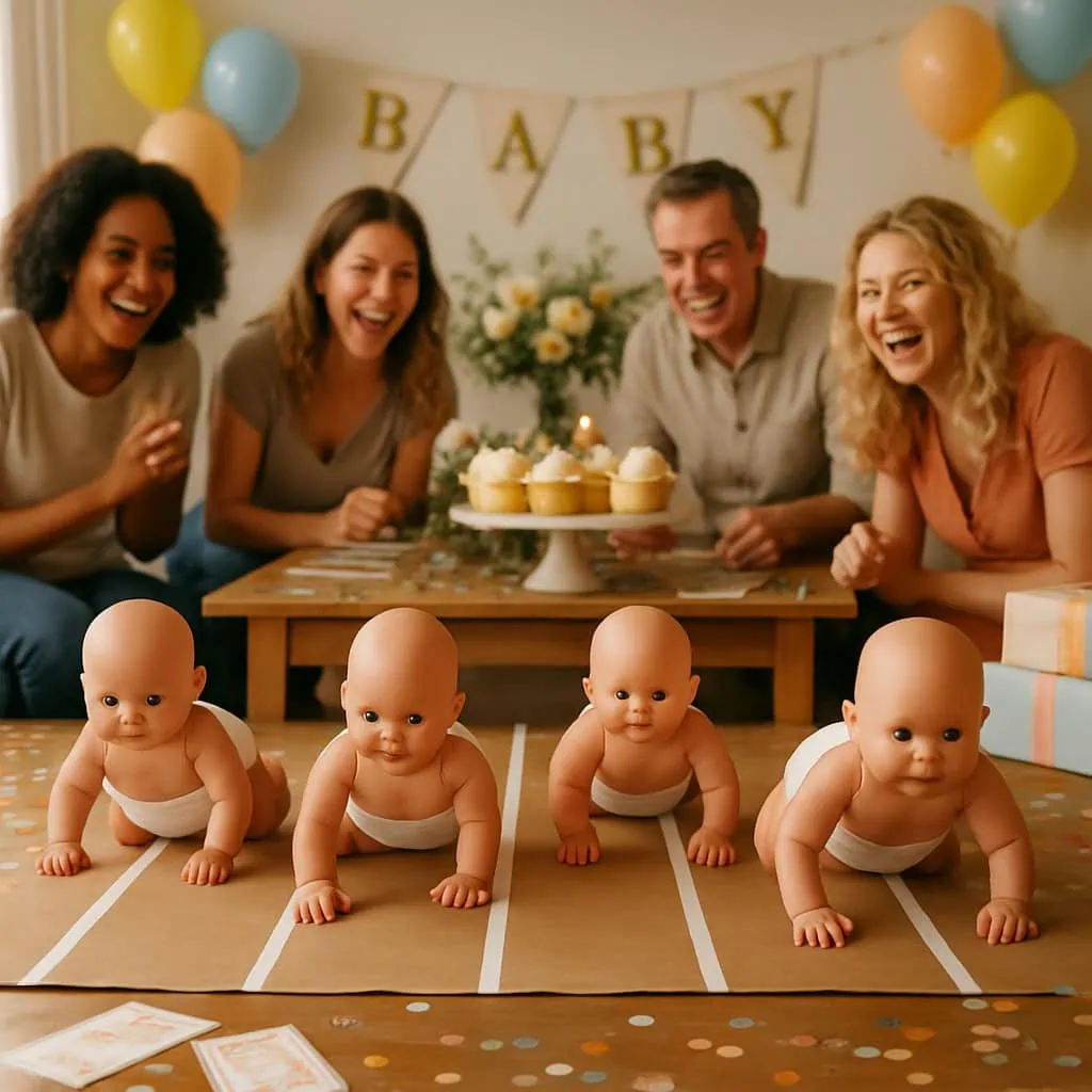 A group of friends enjoying a Diaper Derby Race with baby dolls crawling on a paper track.