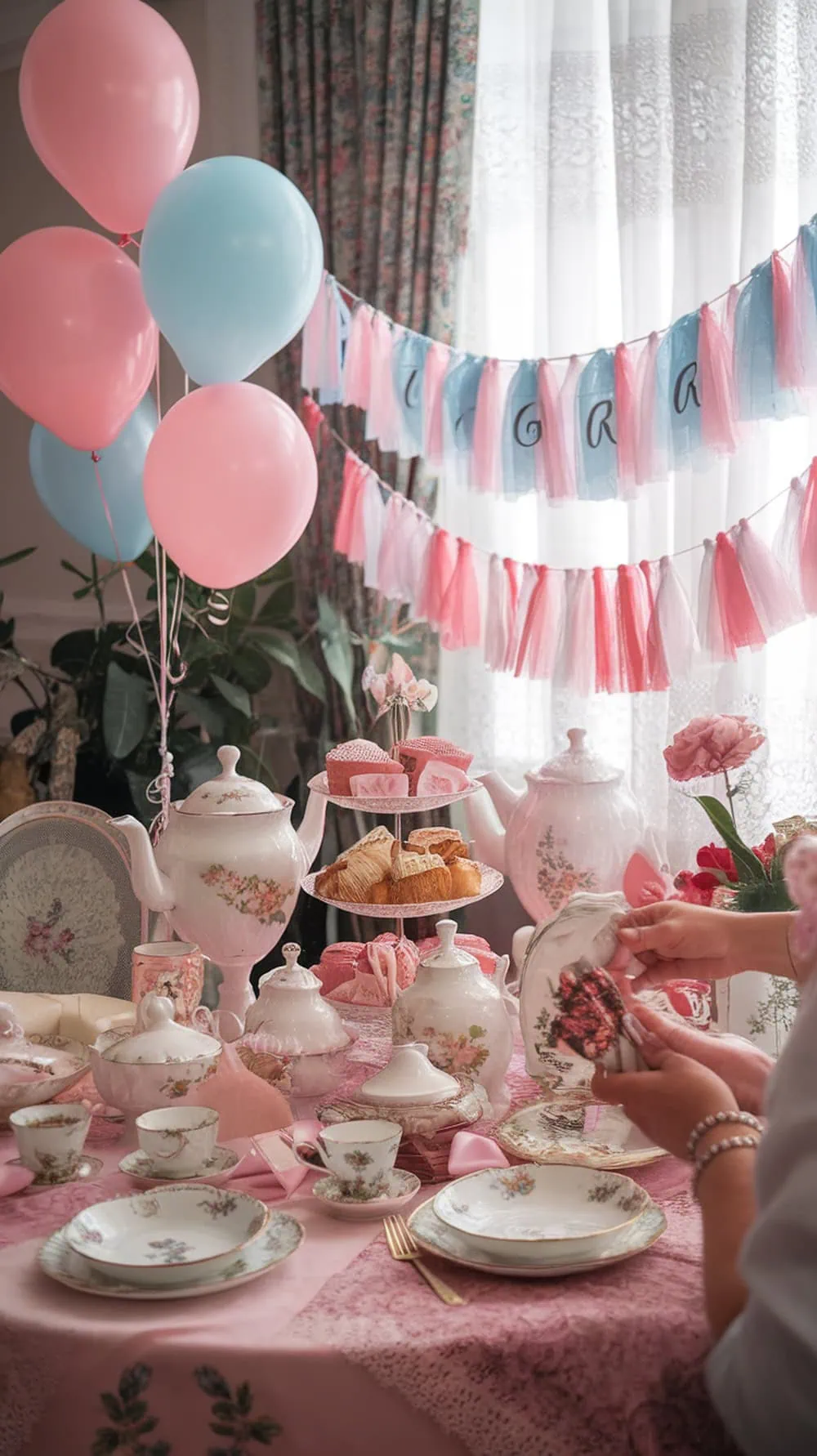 A beautifully set vintage tea party table with pastel colors, delicate china, and festive decorations.